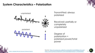 18
NASA’s Applied Remote Sensing Training Program
System Characteristics – Polarization
Transmitted: always
polarized
Received: partially or
completely
unpolarized
Degree of
polarization =
polarized power/total
power
Source: https://courses.eas.ualberta.ca/eas451/radar%20section.pdf,
https://www.physicsclassroom.com/class/light/Lesson-1/Polarization
 