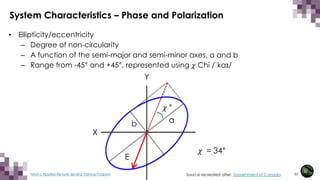 53
NASA’s Applied Remote Sensing Training Program
• Ellipticity/eccentricity
– Degree of non-circularity
– A function of the semi-major and semi-minor axes, a and b
– Range from -45° and +45°, represented using 𝜒𝜒 Chi /ˈkaɪ/
X
Y
System Characteristics – Phase and Polarization
Source recreated after: Government of Canada
a
b
E
𝜒𝜒 °
𝜒𝜒 = 34°
 