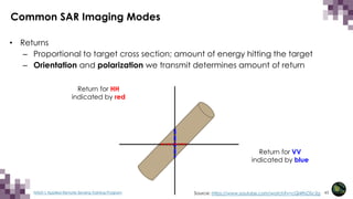 63
NASA’s Applied Remote Sensing Training Program
Common SAR Imaging Modes
• Returns
– Proportional to target cross section; amount of energy hitting the target
– Orientation and polarization we transmit determines amount of return
Return for HH
indicated by red
Return for VV
indicated by blue
Source: https://www.youtube.com/watch?v=cQI49sOSc2g
 