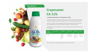 Cropmaster
CA 11%
Active
ingredient
Formulation Packaging Application Dosage Crops
CA 11% SC 100ml
250ml
500ml
1ltr
Fertigation
Foliar spray
5ml-7ml
per ltr of
water
All crop
varieties
 