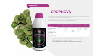 Microbial strain,
Natural:
Nitrogen 0.2%,
Potassium-0.5%,
Zinc 0.1%,
fermented broth
Active
ingredients
The extracts in CROPNOVA produced by the microbe alters the ion permeability causing
hyper-polarization leading to death of the insect.
Among all the sucking pests it was observed to impact the thrips population the most, and
to some extend the mites and other sucking pest population.
Drip
Foliar
spray
Bio Pesticide
 