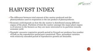  The difference between total amount of dry matter produced and the
photosynthates used in respiration is the net product of photosynthesis.
 Economic yield depends on how the dry matter is distributed among different
organs of the plant. Partition of total dry matter amongst the major plant organs
is of interest to the farmers as they are more interested in its partition towards
economic yield.
 Example: excessive vegetative growth period in Ground nut produces less number
of Pods as the reproductive period gets constricted. Thus, groundnut varieties
with relatively extended period of reproductive growth are desirable.
12
 