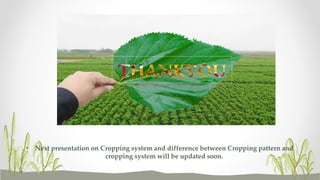 • Next presentation on Cropping system and difference between Cropping pattern and
cropping system will be updated soon.
 