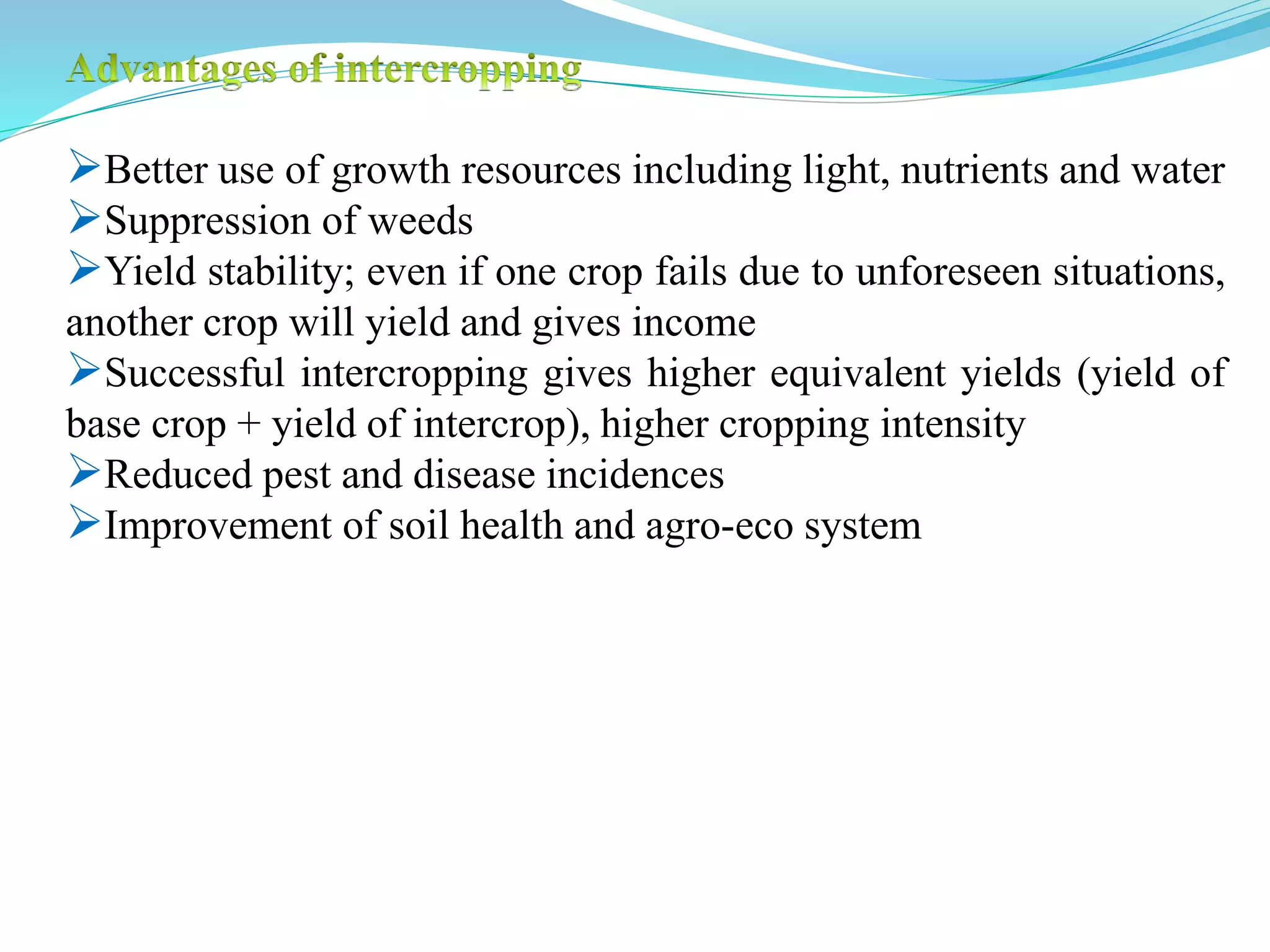 Better use of growth resources including light, nutrients and water
Suppression of weeds
Yield stability; even if one crop fails due to unforeseen situations,
another crop will yield and gives income
Successful intercropping gives higher equivalent yields (yield of
base crop + yield of intercrop), higher cropping intensity
Reduced pest and disease incidences
Improvement of soil health and agro-eco system
 