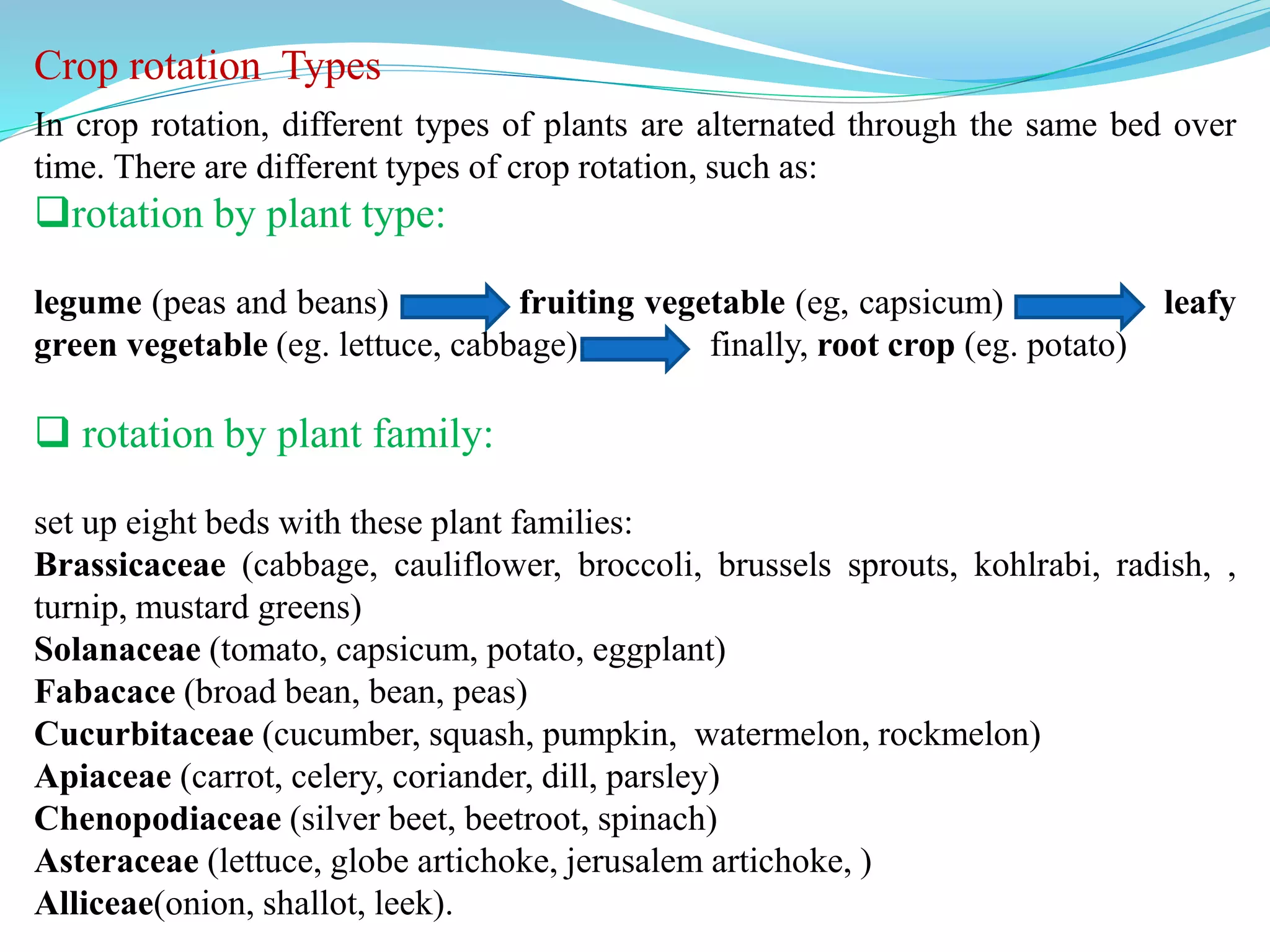 In crop rotation, different types of plants are alternated through the same bed over
time. There are different types of crop rotation, such as:
rotation by plant type:
legume (peas and beans) fruiting vegetable (eg, capsicum) leafy
green vegetable (eg. lettuce, cabbage) finally, root crop (eg. potato)
 rotation by plant family:
set up eight beds with these plant families:
Brassicaceae (cabbage, cauliflower, broccoli, brussels sprouts, kohlrabi, radish, ,
turnip, mustard greens)
Solanaceae (tomato, capsicum, potato, eggplant)
Fabacace (broad bean, bean, peas)
Cucurbitaceae (cucumber, squash, pumpkin, watermelon, rockmelon)
Apiaceae (carrot, celery, coriander, dill, parsley)
Chenopodiaceae (silver beet, beetroot, spinach)
Asteraceae (lettuce, globe artichoke, jerusalem artichoke, )
Alliceae(onion, shallot, leek).
Crop rotation Types
 