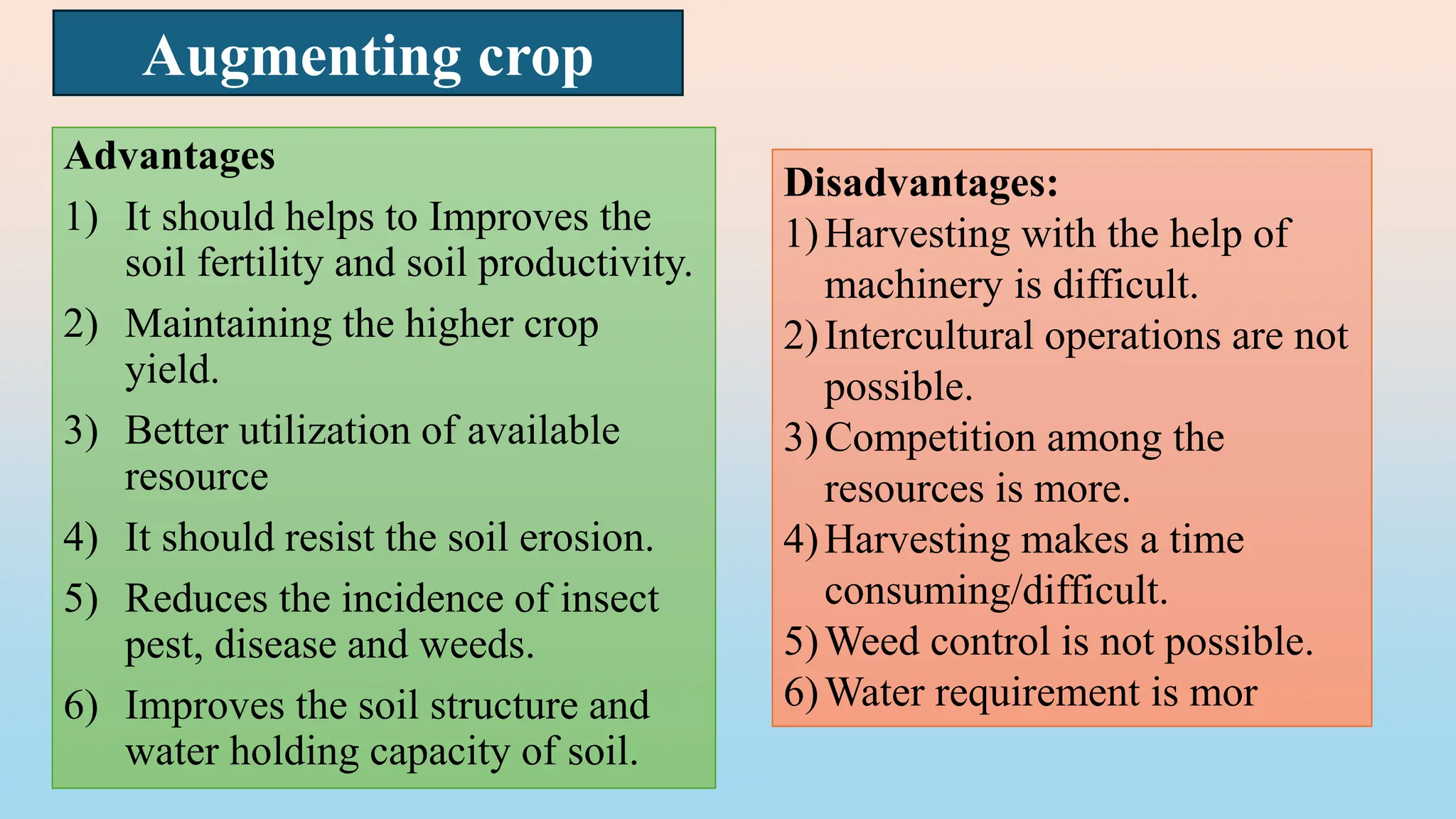 Advantages
1) It should helps to Improves the
soil fertility and soil productivity.
2) Maintaining the higher crop
yield.
3) Better utilization of available
resource
4) It should resist the soil erosion.
5) Reduces the incidence of insect
pest, disease and weeds.
6) Improves the soil structure and
water holding capacity of soil.
Disadvantages:
1)Harvesting with the help of
machinery is difficult.
2)Intercultural operations are not
possible.
3)Competition among the
resources is more.
4)Harvesting makes a time
consuming/difficult.
5)Weed control is not possible.
6)Water requirement is mor
Augmenting crop
 