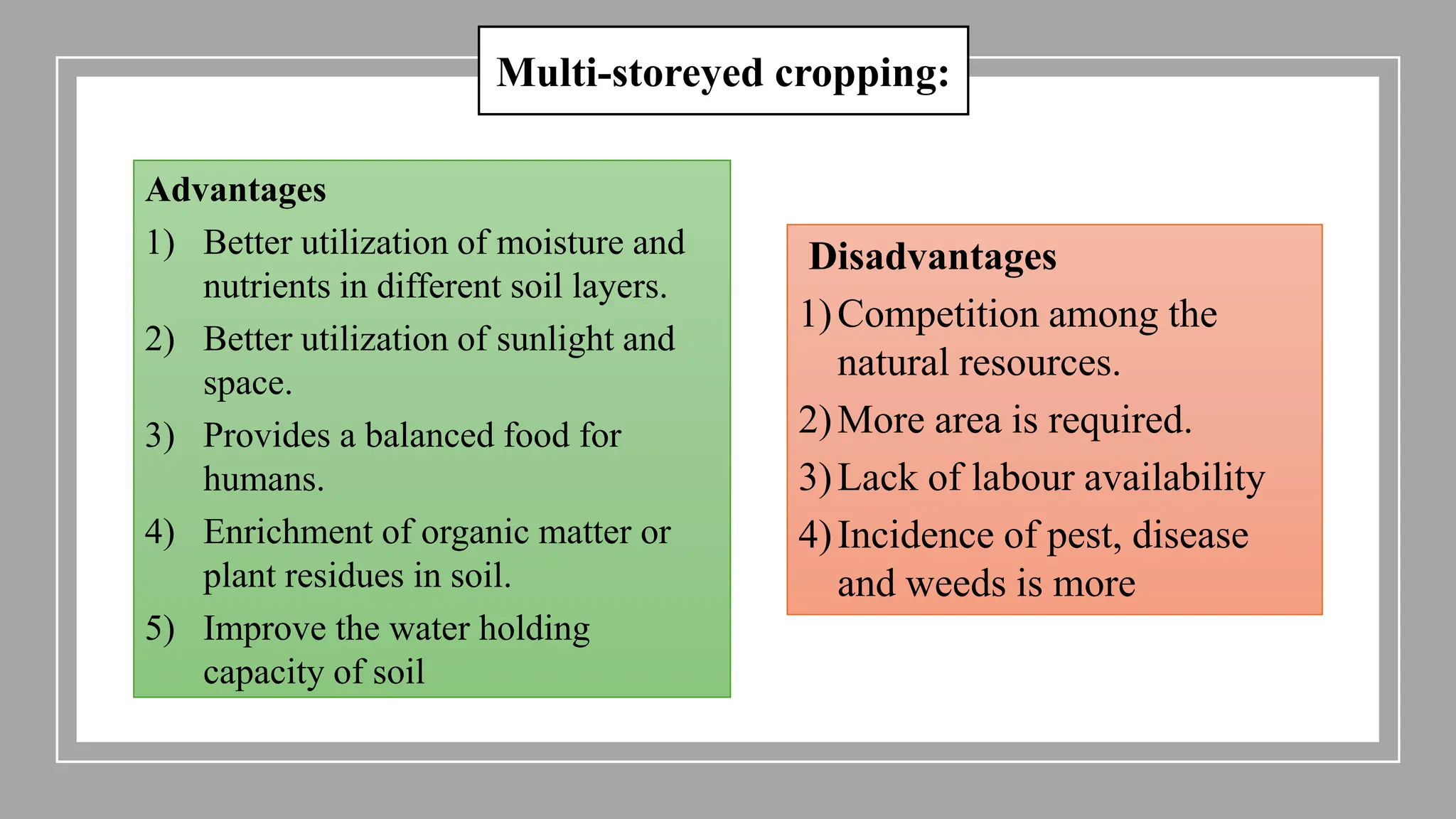 Advantages
1) Better utilization of moisture and
nutrients in different soil layers.
2) Better utilization of sunlight and
space.
3) Provides a balanced food for
humans.
4) Enrichment of organic matter or
plant residues in soil.
5) Improve the water holding
capacity of soil
Disadvantages
1)Competition among the
natural resources.
2)More area is required.
3)Lack of labour availability
4)Incidence of pest, disease
and weeds is more
Multi-storeyed cropping:
 