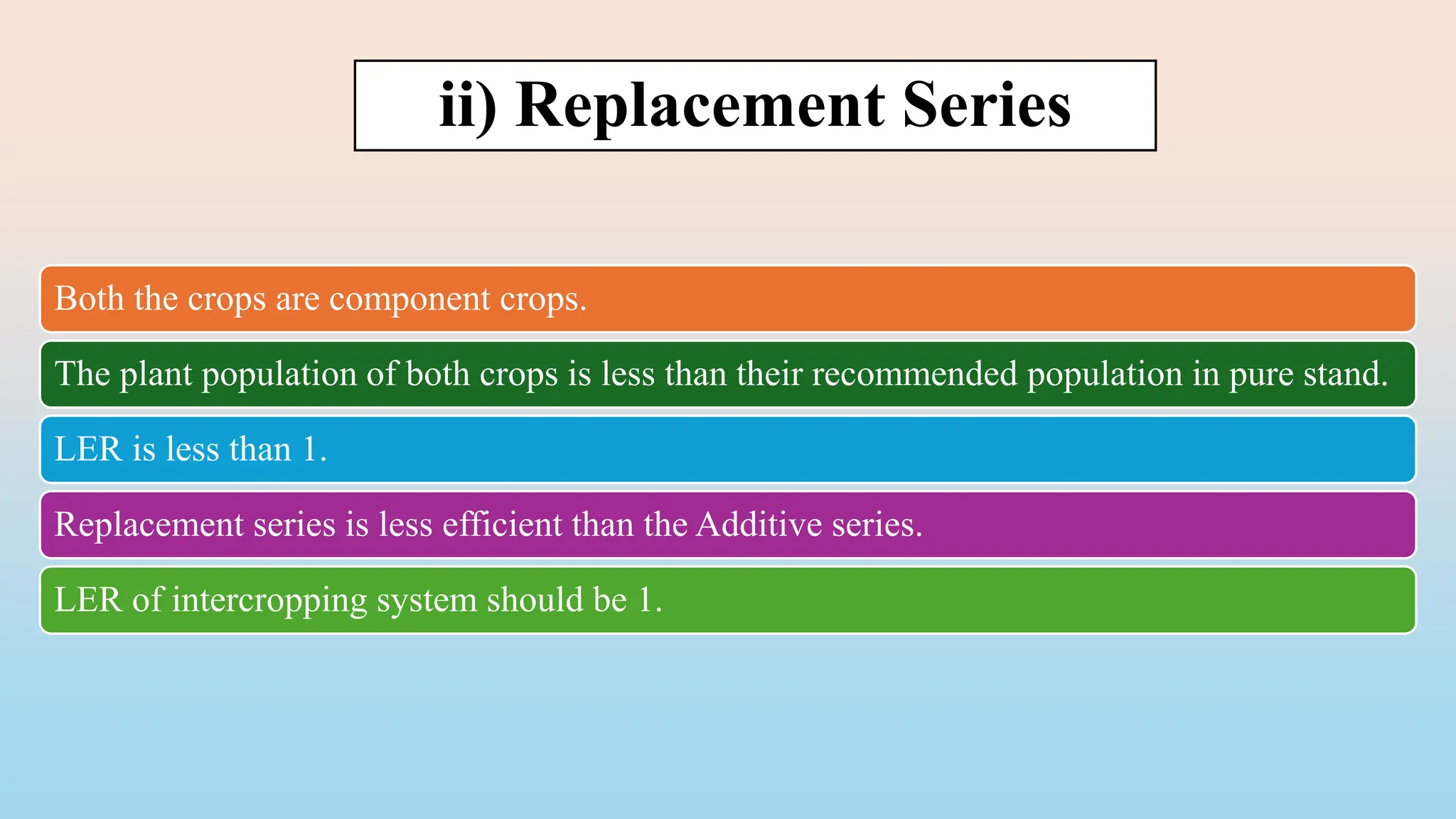 ii) Replacement Series
Both the crops are component crops.
The plant population of both crops is less than their recommended population in pure stand.
LER is less than 1.
Replacement series is less efficient than the Additive series.
LER of intercropping system should be 1.
 