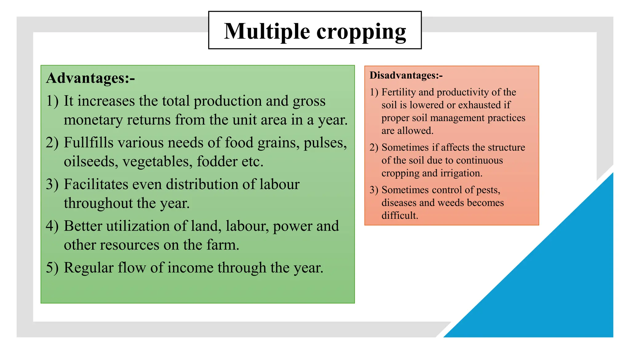 Advantages:-
1) It increases the total production and gross
monetary returns from the unit area in a year.
2) Fullfills various needs of food grains, pulses,
oilseeds, vegetables, fodder etc.
3) Facilitates even distribution of labour
throughout the year.
4) Better utilization of land, labour, power and
other resources on the farm.
5) Regular flow of income through the year.
Disadvantages:-
1) Fertility and productivity of the
soil is lowered or exhausted if
proper soil management practices
are allowed.
2) Sometimes if affects the structure
of the soil due to continuous
cropping and irrigation.
3) Sometimes control of pests,
diseases and weeds becomes
difficult.
Multiple cropping
 