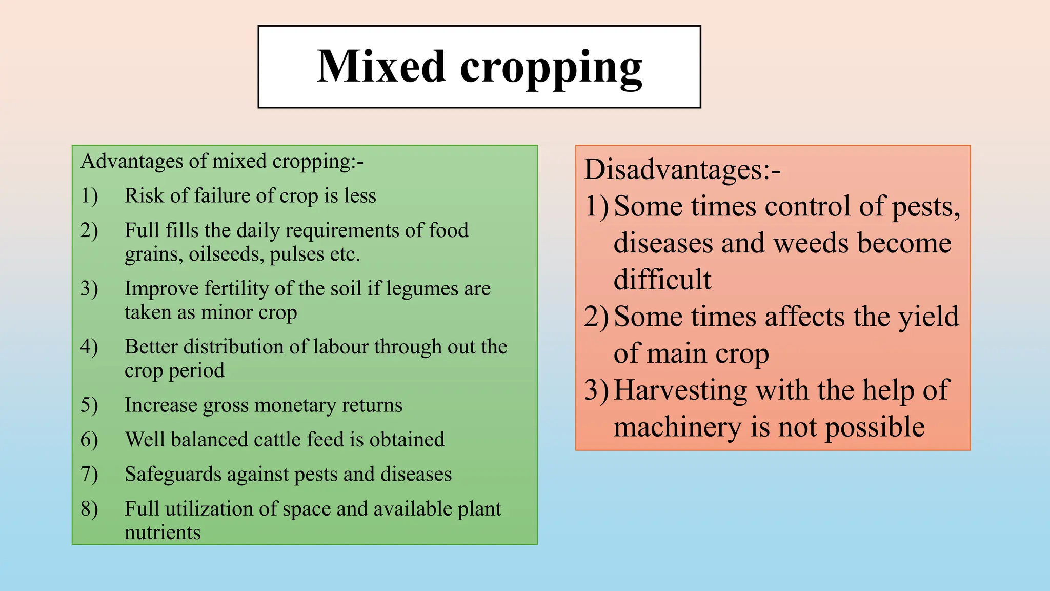 Mixed cropping
Advantages of mixed cropping:-
1) Risk of failure of crop is less
2) Full fills the daily requirements of food
grains, oilseeds, pulses etc.
3) Improve fertility of the soil if legumes are
taken as minor crop
4) Better distribution of labour through out the
crop period
5) Increase gross monetary returns
6) Well balanced cattle feed is obtained
7) Safeguards against pests and diseases
8) Full utilization of space and available plant
nutrients
Disadvantages:-
1)Some times control of pests,
diseases and weeds become
difficult
2)Some times affects the yield
of main crop
3)Harvesting with the help of
machinery is not possible
 