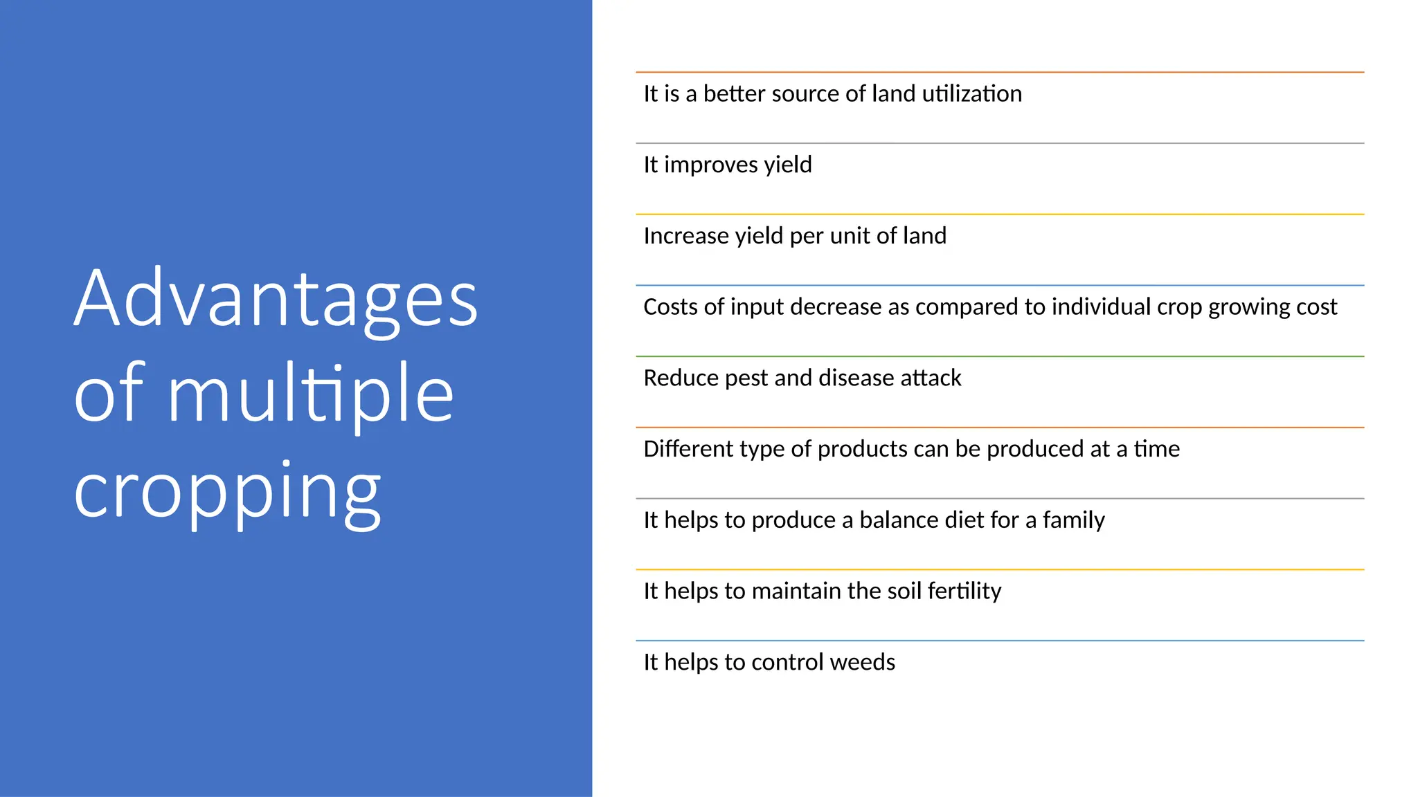 Advantages
of multiple
cropping
It is a better source of land utilization
It improves yield
Increase yield per unit of land
Costs of input decrease as compared to individual crop growing cost
Reduce pest and disease attack
Different type of products can be produced at a time
It helps to produce a balance diet for a family
It helps to maintain the soil fertility
It helps to control weeds
 