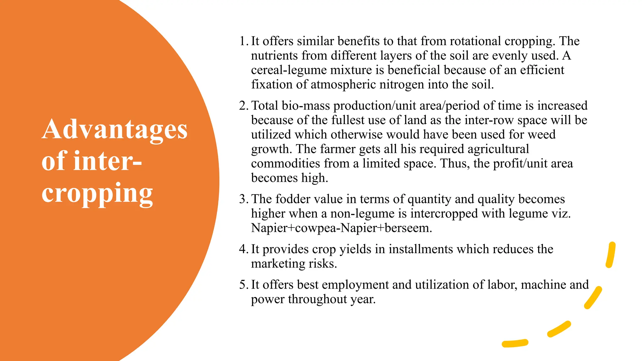Advantages
of inter-
cropping
1.It offers similar benefits to that from rotational cropping. The
nutrients from different layers of the soil are evenly used. A
cereal-legume mixture is beneficial because of an efficient
fixation of atmospheric nitrogen into the soil.
2.Total bio-mass production/unit area/period of time is increased
because of the fullest use of land as the inter-row space will be
utilized which otherwise would have been used for weed
growth. The farmer gets all his required agricultural
commodities from a limited space. Thus, the profit/unit area
becomes high.
3.The fodder value in terms of quantity and quality becomes
higher when a non-legume is intercropped with legume viz.
Napier+cowpea-Napier+berseem.
4.It provides crop yields in installments which reduces the
marketing risks.
5.It offers best employment and utilization of labor, machine and
power throughout year.
 
