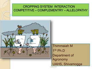 CROPPING SYSTEM INTERACTION
COMPETITIVE – COMPLEMENTRY – ALLELOPATHY
Thimmaiah M
1St Ph.D
Department of
Agronomy
UAHS, Shivamogga
1/28/2018 1
 