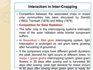 Interaction in Inter-Cropping
 Competition between the associated crops in mixed
crop communities has been discussed by Donald
(1963), Trenbath (1976) and Willey (1979).
 Competition for Solar Radiation:
 The taller crop in the intercropping systems intercepts
most of the solar radiation while shorter component
suffers.
 In Groundnut + Red gram intercropping system, light
interception is prolonged as red gram starts growing
after harvesting of groundnut.
 If the component crops have different growth durations
the peak demand for light occurs at different times. In
maize + green grams intercropping system, green gram
flowers in 35 days after sowing and is harvested 65
days after sowing, peak light demand for maize occurs
at 60 days after sowing when green gram is ready for1/28/2018 15
 