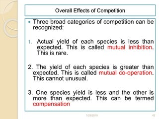 Overall Effects of Competition
 Three broad categories of competition can be
recognized:
1. Actual yield of each species is less than
expected. This is called mutual inhibition.
This is rare.
2. The yield of each species is greater than
expected. This is called mutual co-operation.
This cannot unusual.
3. One species yield is less and the other is
more than expected. This can be termed
compensation
1/28/2018 42
 
