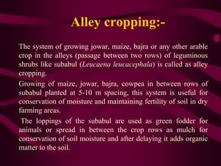 Alley cropping:-
The system of growing jowar, maize, bajra or any other arable
crop in the alleys (passage between two rows) of leguminous
shrubs like subabul (Leucaena leucacephala) is called as alley
cropping.
Growing of maize, jowar, bajra, cowpea in between rows of
subabul planted at 5-10 m spacing, this system is useful for
conservation of moisture and maintaining fertility of soil in dry
farming areas.
The loppings of the subabul are used as green fodder for
animals or spread in between the crop rows as mulch for
conservation of soil moisture and after delaying it adds organic
matter to the soil.
 