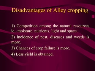 Disadvantages of Alley cropping
1) Competition among the natural resources
ie., moisture, nutrients, light and space.
2) Incidence of pest, diseases and weeds is
more.
3) Chances of crop failure is more.
4) Less yield is obtained.
 