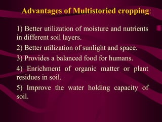 Advantages of Multistoried cropping:
1) Better utilization of moisture and nutrients
in different soil layers.
2) Better utilization of sunlight and space.
3) Provides a balanced food for humans.
4) Enrichment of organic matter or plant
residues in soil.
5) Improve the water holding capacity of
soil.
 