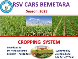 CROPPING SYSTEM
RSV CARS BEMETARA
Submitted By
Gajendra Sahu
B.Sc Agri. 2nd Year
Submitted To
Dr. Hemlata Nirala
Scientist – Agriculture
Season: 2023
 