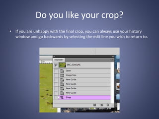 Do you like your crop?
• If you are unhappy with the final crop, you can always use your history
window and go backwards by selecting the edit line you wish to return to.
 