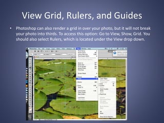 View Grid, Rulers, and Guides
• Photoshop can also render a grid in over your photo, but it will not break
your photo into thirds. To access this option: Go to View, Show, Grid. You
should also select Rulers, which is located under the View drop down.
 