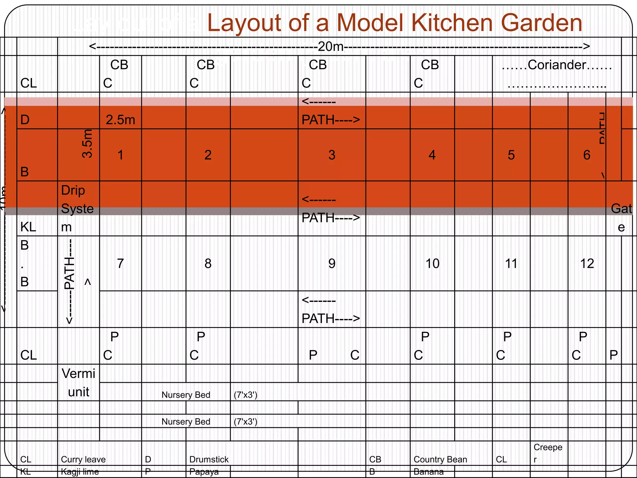 Lay out of a Layout of a Model Kitchen Garden
garden (5 cent area)<--------------------------------------------------20m------------------------------------------------------>
CL
CB
C
CB
C
CB
C
CB
C
……Coriander……
…………………..
<---------------------10m---------------->
D 2.5m
<------
PATH---->
<------PATH----
B
3.5m
1 2 3 4 5 6
KL
Drip
Syste
m
<------
PATH---->
Gat
e
B
.
B
<------PATH----
>
7 8 9 10 11 12
<------
PATH---->
CL
P
C
P
C P C
P
C
P
C
P
C P
Vermi
unit Nursery Bed (7'x3')
Nursery Bed (7'x3')
CL Curry leave D Drumstick CB Country Bean CL
Creepe
r
KL Kagji lime P Papaya B Banana
 