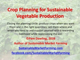 Crop Planning for Sustainable
Vegetable Production
Closing the planning circle: produce crops when you want
them and in the right quantities; sell them where and
when you need to and support yourself with a rewarding
livelihood while replenishing the soil.
©Pam Dawling, 2016
Author of Sustainable Market Farming
SustainableMarketFarming.com
facebook.com/SustainableMarketFarming
 