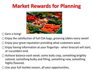Market Rewards for Planning
҉ Earn a living!
҉ Enjoy the satisfaction of full CSA bags, groaning tables every week!
҉ Enjo...