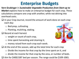 Enterprise Budgets
Vern Grubinger in Sustainable Vegetable Production from Start-up to
Market explains how to make an ente...