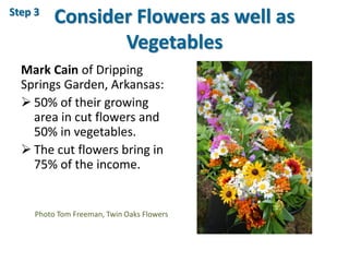 Consider Flowers as well as
Vegetables
Mark Cain of Dripping
Springs Garden, Arkansas:
 50% of their growing
area in cut ...