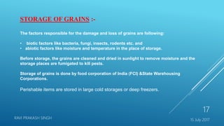15 July 2017
RAVI PRAKASH SINGH
17
STORAGE OF GRAINS :-
The factors responsible for the damage and loss of grains are following:
• biotic factors like bacteria, fungi, insects, rodents etc. and
• abiotic factors like moisture and temperature in the place of storage.
Before storage, the grains are cleaned and dried in sunlight to remove moisture and the
storage places are fumigated to kill pests.
Storage of grains is done by food corporation of India (FCI) &State Warehousing
Corporations.
Perishable items are stored in large cold storages or deep freezers.
 