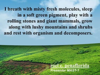 I breath with misty fresh molecules, sleep
in a soft green pigment, play with a
rolling stones and giant mammals, grow
along with lushy mountains and shrubs
and rest with organism and decomposers.
roel c. penaflorida
Presentor MAST-1
 