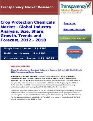 REPORT DESCRIPTION
Global Crop Protection Chemicals Industry is Expected to Reach USD 71.3 Billion in
2018: Transparency Market Research
Transparency Market Research published new market report "Crop Protection
Chemicals Market - Global Industry Size, Market Share, Trends, Analysis and
Forecast, 2011 - 2018," the global crop protection market was worth USD 48.0 billion in
the year 2011 and is expected to reach USD 71.3 billion by 2018, growing at a CAGR of
5.4% from 2011 to 2018. Herbicides formed the largest category in the overall crop
protection market, contributing about USD 19.9 billion for the year 2011.
Herbicides, fungicides and insecticides are the foremost product segments in the global crop
protection market. The herbicides market will experience both the highest growth rate as
well as highest volume traded in the next six years. The expected growth rate of herbicides
for the given period is computed to be 6.1%, which is followed by fungicides with 5.6% of
growth rate over the year 2011 to 2018.
Transparency Market Research
Crop Protection Chemicals
Market - Global Industry
Analysis, Size, Share,
Growth, Trends and
Forecast, 2012 - 2018
Single User License: US $ 4395
Multi User License: US $ 7395
Corporate User License: US $ 10395
Buy Now
Request Sample
Published Date: Aug 2013
96 Pages Report
 