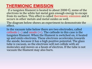 THERMIONIC EMISSION
If a tungsten filament is heated to about 2000◦C, some of the
electrons in the white hot metal gain enough energy to escape
from its surface. This effect is called thermionic emission and it
occurs in other metals and metal oxides as well.
The diagram below shows an experiment to demonstrate the
effect.
In the vacuum tube below there are two electrodes, called
cathode (−) and anode (+). The cathode in this case is the
tungsten filament. When the filament is switched on, it heated
up and emits electrons. These electrons accelerates towards
the anode, because it has a high positive potential. The glass
tube is vacuum, so the electrons will not collide with air
molecules and moves as a beam of electron. If the tube is not
vacuum the filament may also burn.
 