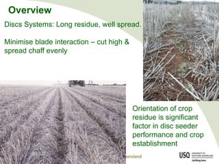 OverviewDiscs Systems: Long residue, well spread.Minimise blade interaction – cut high & spread chaff evenly Orientation of crop residue is significant factor in disc seeder performance and crop establishment