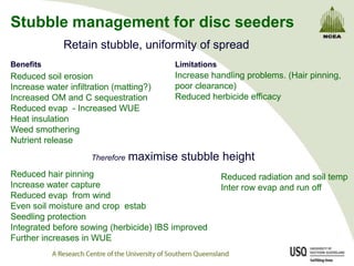Stubble management for disc seedersRetain stubble, uniformity of spreadBenefitsLimitationsIncrease handling problems. (Hair pinning, poor clearance)Reduced herbicide efficacyReduced soil erosionIncrease water infiltration (matting?)Increased OM and C sequestrationReduced evap  - Increased WUEHeat insulationWeed smotheringNutrient releaseThereforemaximise stubble heightReduced hair pinningIncrease water capture Reduced evap  from windEven soil moisture and crop  estabSeedling protectionIntegrated before sowing (herbicide) IBS improvedFurther increases in WUEReduced radiation and soil tempInter row evap and run off