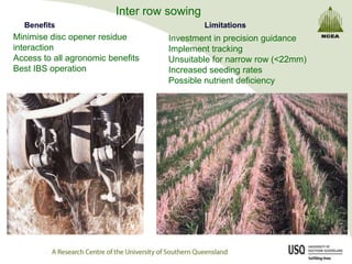 Inter row sowingBenefitsLimitationsMinimise disc opener residue interactionAccess to all agronomic benefitsBest IBS operationInvestment in precision guidanceImplement trackingUnsuitable for narrow row (<22mm)Increased seeding ratesPossible nutrient deficiency