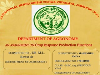 DEPARTMENT OF AGRONOMY
AN ASSIGNMENT ON Crop Response Production Functions
SUBMITTED TO: - DR. M.L.
Kewat sir
(DEPARTMENT OF AGRONOMY)
SUBMITTED BY:- MAHENDRA
ANJNA
ENROLLMENT NO: 170111010
CLASS: - M.SC. (Ag.) PREVIOUS
YEAR
DEPARTMENT OF AGRONOMY
 