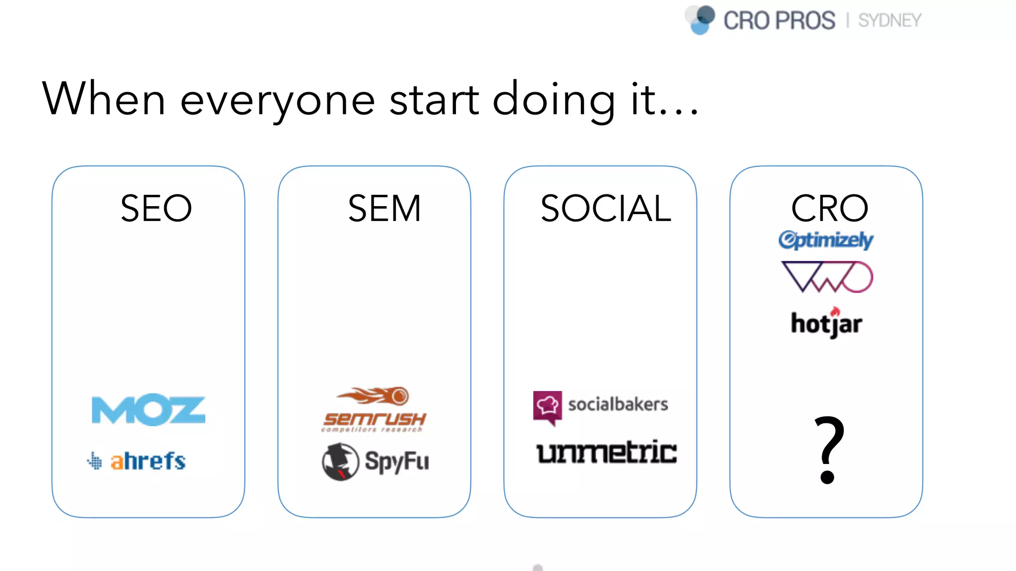 When everyone start doing it…
SEO SEM SOCIAL CRO
?
 