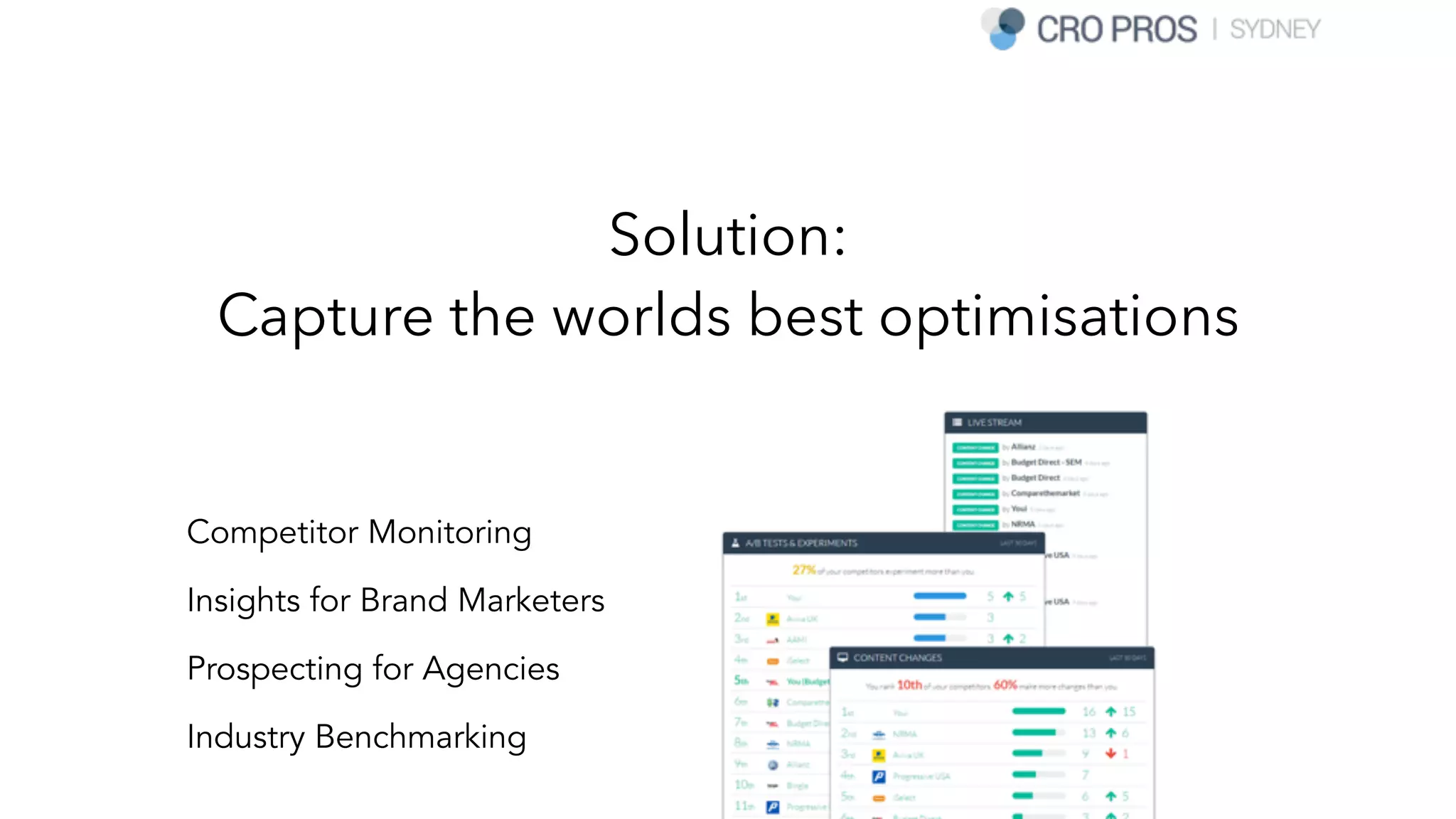 Solution:
Capture the worlds best optimisations
Competitor Monitoring
Insights for Brand Marketers
Prospecting for Agencies
Industry Benchmarking
 
