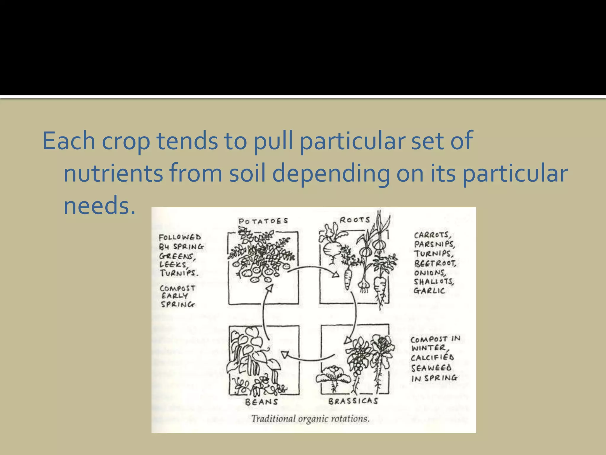 Eachcrop tends to pull particular set of nutrients from soil depending on its particular needs. 