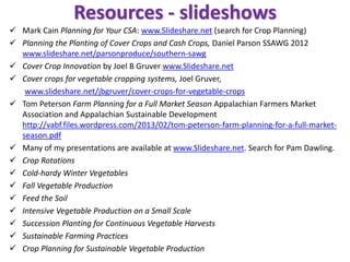 Crop Rotations for
Vegetables and Cover
Crops
©Pam Dawling 2014
Twin Oaks Community,
Central Virginia
Author of Sustainabl...