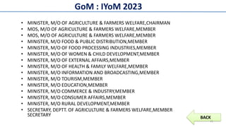 GoM : IYoM 2023
• MINISTER, M/O OF AGRICULTURE & FARMERS WELFARE,CHAIRMAN
• MOS, M/O OF AGRICULTURE & FARMERS WELFARE,MEMB...