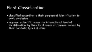 Plant Classification
• classified according to their purpose of identification to
avoid confusion
• may use: scientific names for international level of
identification; by their local names or common names; by
their habitats; types of stem
 