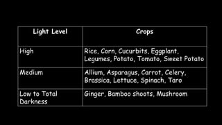 Light Level Crops
High Rice, Corn, Cucurbits, Eggplant,
Legumes, Potato, Tomato, Sweet Potato
Medium Allium, Asparagus, Carrot, Celery,
Brassica, Lettuce, Spinach, Taro
Low to Total
Darkness
Ginger, Bamboo shoots, Mushroom
 