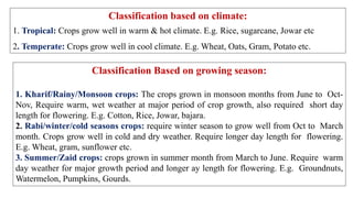 Classification based on climate:
1. Tropical: Crops grow well in warm & hot climate. E.g. Rice, sugarcane, Jowar etc
2. Temperate: Crops grow well in cool climate. E.g. Wheat, Oats, Gram, Potato etc.
Classification Based on growing season:
1. Kharif/Rainy/Monsoon crops: The crops grown in monsoon months from June to Oct-
Nov, Require warm, wet weather at major period of crop growth, also required short day
length for flowering. E.g. Cotton, Rice, Jowar, bajara.
2. Rabi/winter/cold seasons crops: require winter season to grow well from Oct to March
month. Crops grow well in cold and dry weather. Require longer day length for flowering.
E.g. Wheat, gram, sunflower etc.
3. Summer/Zaid crops: crops grown in summer month from March to June. Require warm
day weather for major growth period and longer ay length for flowering. E.g. Groundnuts,
Watermelon, Pumpkins, Gourds.
 