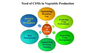 Need of CSMs in Vegetable Production
Need
of
CSMs
Optimizing
Resource
Use
Predicting
Crop
Performance
Improving
Crop
Management
Supporting
Decision-
Making
Risk
Management
Research
and
Development
 