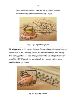 17
rotating nozzles. Itgets sprinkled on the crop as if it is raining.
Sprinkler is very usefulfor sandy soil [Fig. 1.5 (a)].
Fig. 1.5 (a) : Sprinkler system
(ii) Dripsystem : In this system, the water falls drop by drop justat the position
of the roots. So it is called drip system. Itis the best technique for watering
fruit plants, gardens and trees. The systemprovides water to plants drop by
drop [Fig. 1.5(b)]. Water is not wasted at all. Itis a boon in regions where
availability of water is poor.
Fig. 1.5 (b) : Drip System
 