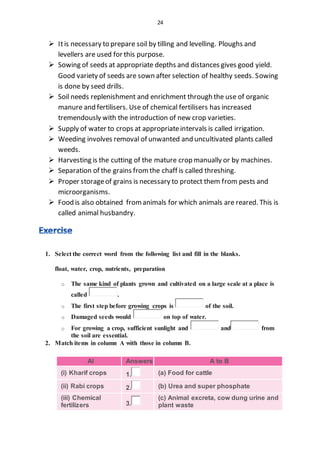 24
 Itis necessary to prepare soil by tilling and levelling. Ploughs and
levellers are used for this purpose.
 Sowing of seeds at appropriate depths and distances gives good yield.
Good variety of seeds are sown after selection of healthy seeds. Sowing
is done by seed drills.
 Soil needs replenishment and enrichment through the use of organic
manure and fertilisers. Use of chemical fertilisers has increased
tremendously with the introduction of new crop varieties.
 Supply of water to crops at appropriateintervals is called irrigation.
 Weeding involves removal of unwanted and uncultivated plants called
weeds.
 Harvesting is the cutting of the mature crop manually or by machines.
 Separation of the grains fromthe chaff is called threshing.
 Proper storageof grains is necessary to protect them from pests and
microorganisms.
 Food is also obtained fromanimals for which animals are reared. This is
called animal husbandry.
1. Select the correct word from the following list and fill in the blanks.
float, water, crop, nutrients, preparation
o The same kind of plants grown and cultivated on a large scale at a place is
called .
o The first step before growing crops is of the soil.
o Damaged seeds would on top of water.
o For growing a crop, sufficient sunlight and and from
the soil are essential.
2. Match items in column A with those in column B.
Al Answers A to B
(i) Kharif crops 1. (a) Food for cattle
(ii) Rabi crops 2. (b) Urea and super phosphate
(iii) Chemical
fertilizers 3.
(c) Animal excreta, cow dung urine and
plant waste
 
