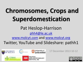 Chromosomes, Crops and
Superdomestication
Pat Heslop-Harrison
phh4@le.ac.uk
www.molcyt.com and www.molcyt.org

Twitter, YouTube and Slideshare: pathh1
17 December 2013 10-12

 